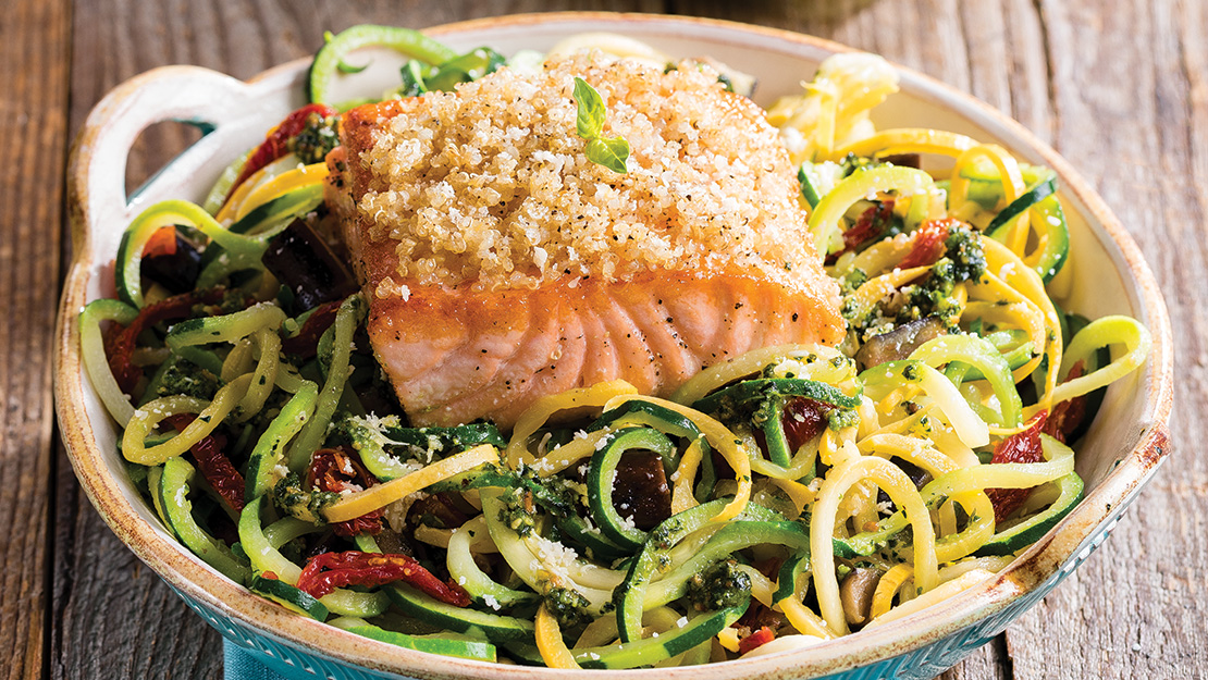 Quinoa-Crusted Salmon Over Kale Pesto Zoodles