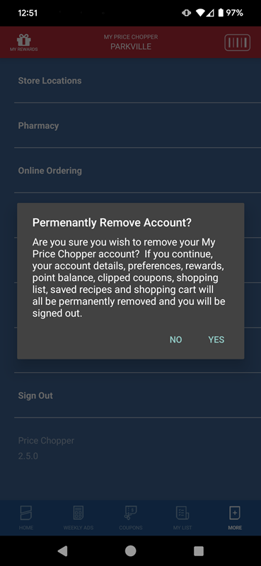 My Price Chopper App - Confirm Account Removal