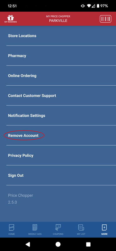 My Price Chopper App - Remove Account